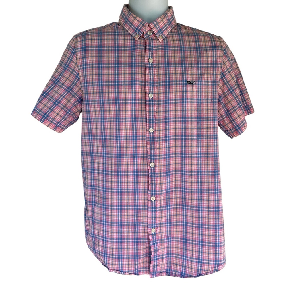 Vineyard Vines Mens Slim Fit Whale Short Sleeve Pink & Blue Plaid Shirt Size M